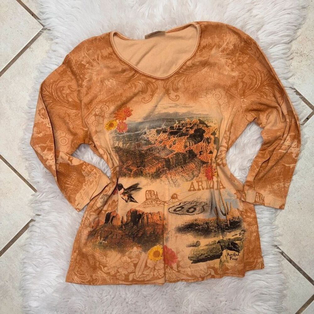 VTG Cactus Bay Apparel Arizona Route 66 Rhinestone Top L